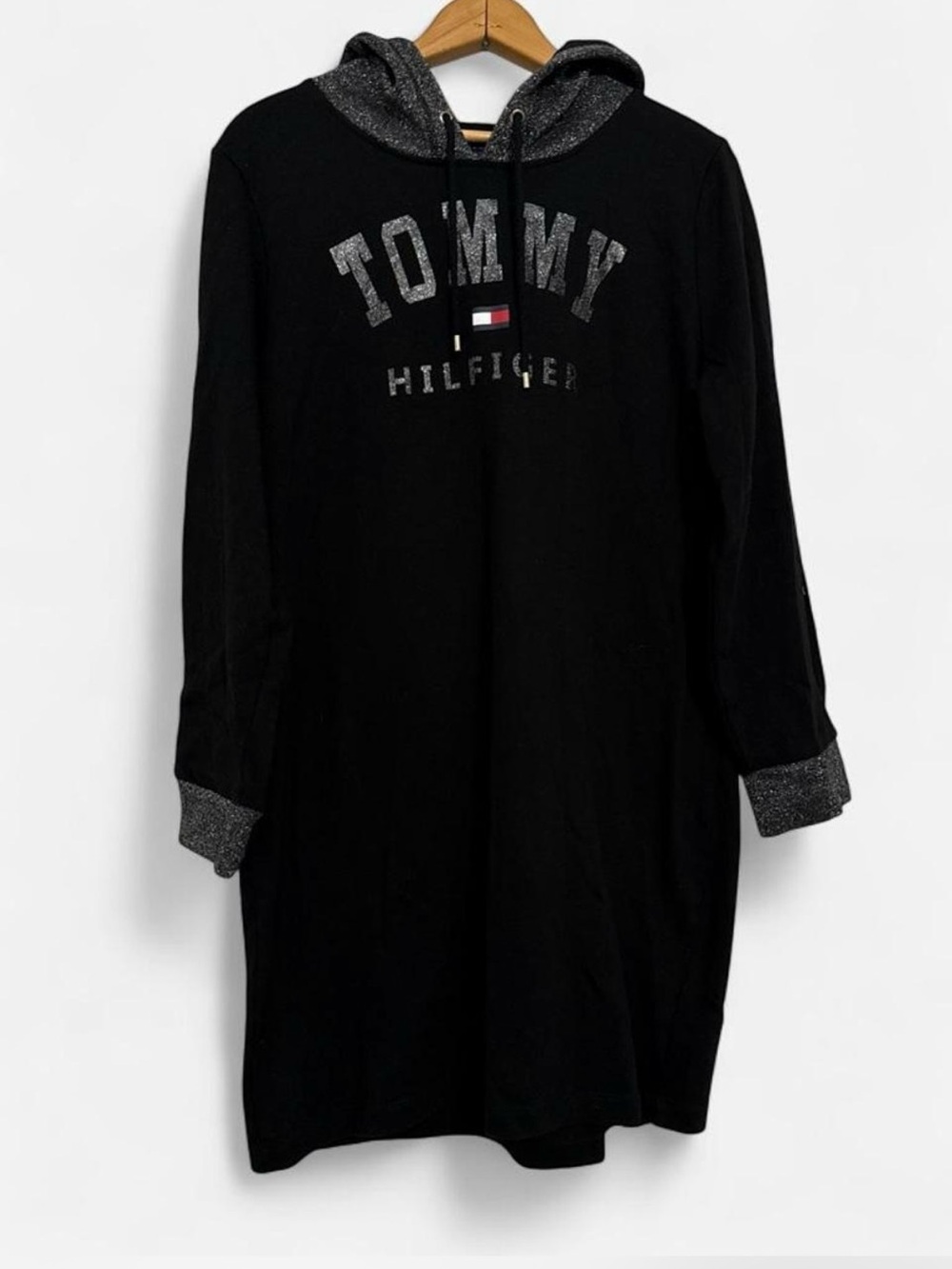 Tommy Hilfiger Black Hoodie Dress w/Glitter Accents Loungewear Athleisure Preppy